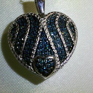 Blue Velvet Diamond Heart within a Heart Pendant w Chain Rhodium over Silver